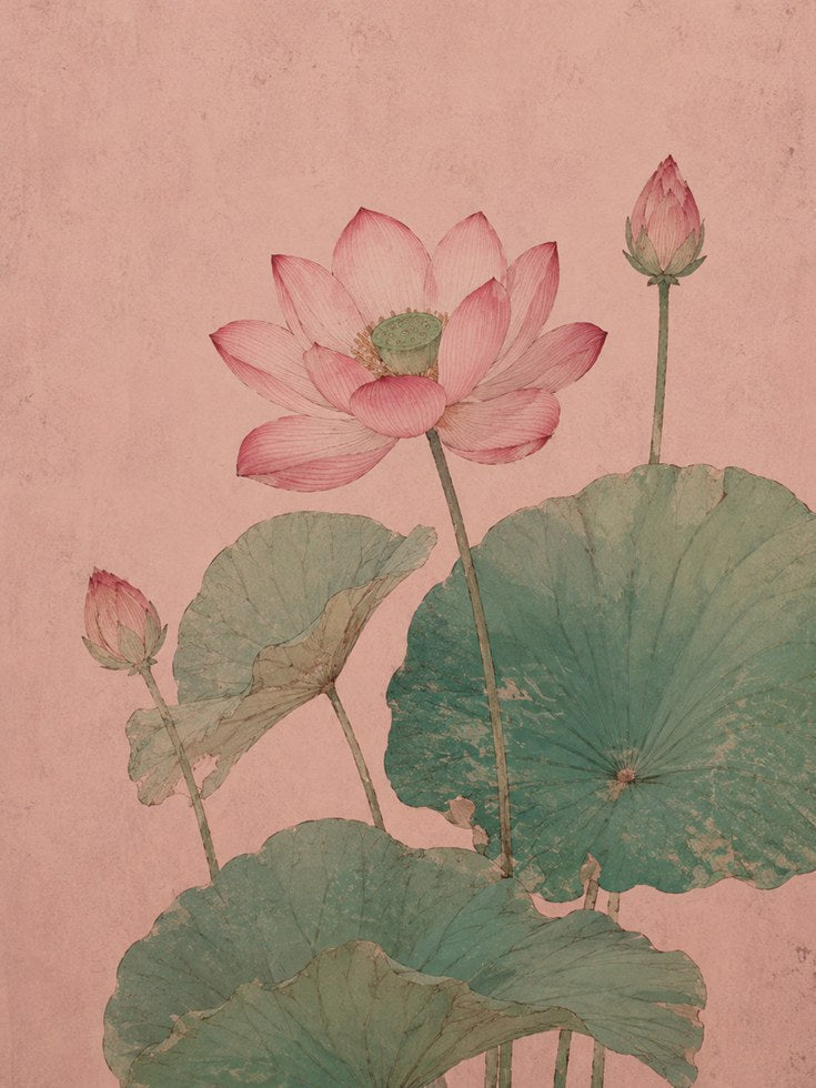 Lotus Flower Botanical Print — Vintage East Asian Watercolor - artwork on paper