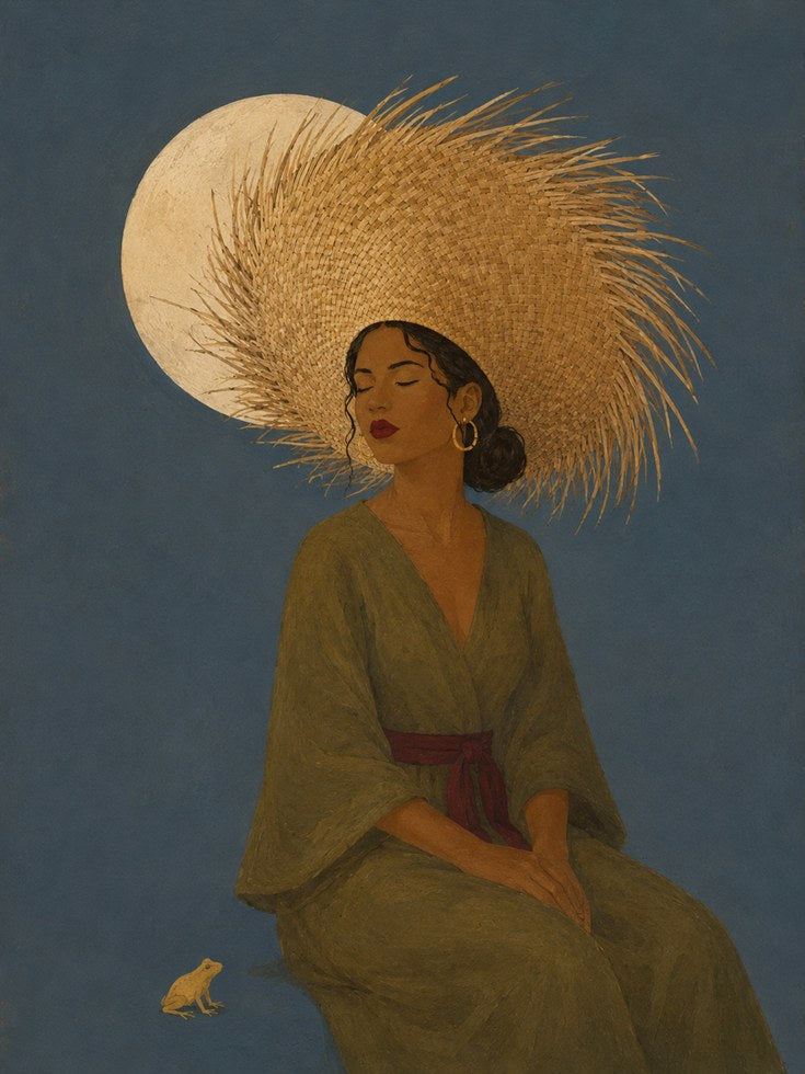 Woman with Straw Hat Folk Art Portrait Print - artwork on paper