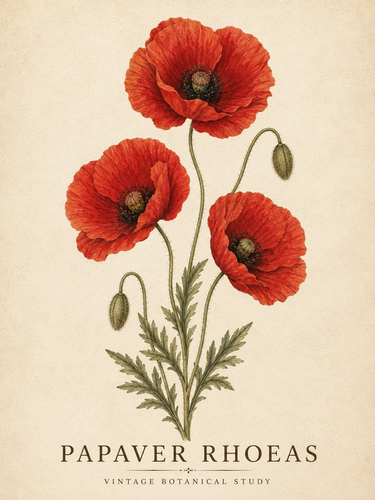 Poppy Botanical Print – Vintage Floral Wall Art - artwork on paper