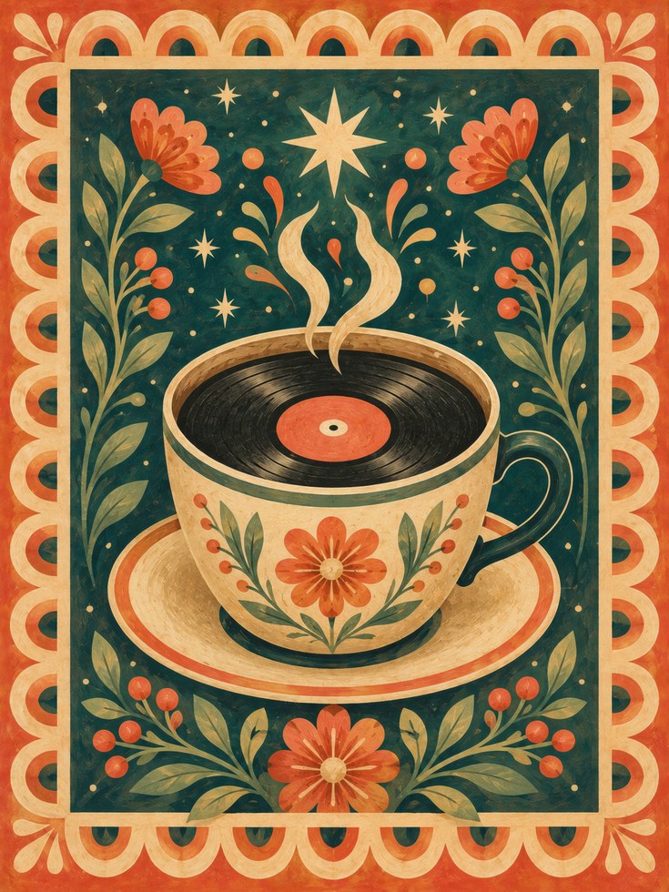 Folk Art Coffee Print – Vinyl Record Cup Wall Art - artwork on paper