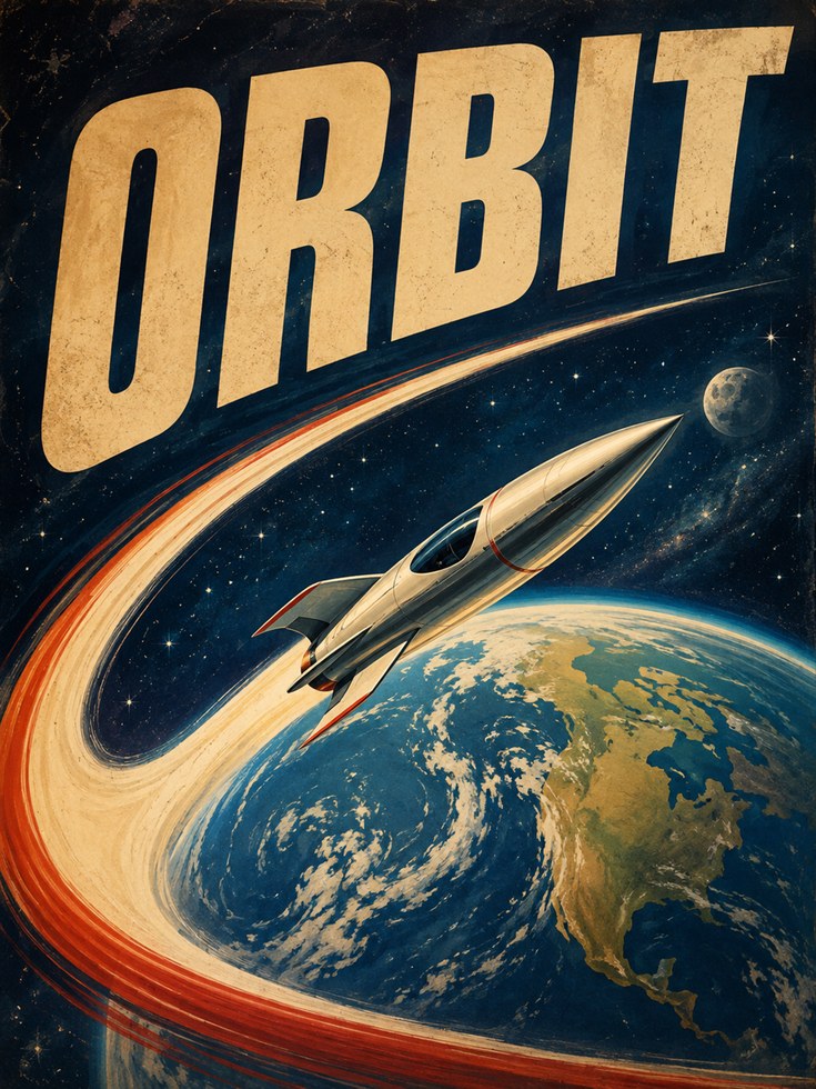 Retro Space Rocket Poster: Vintage Sci-Fi Orbit Design - artwork on paper