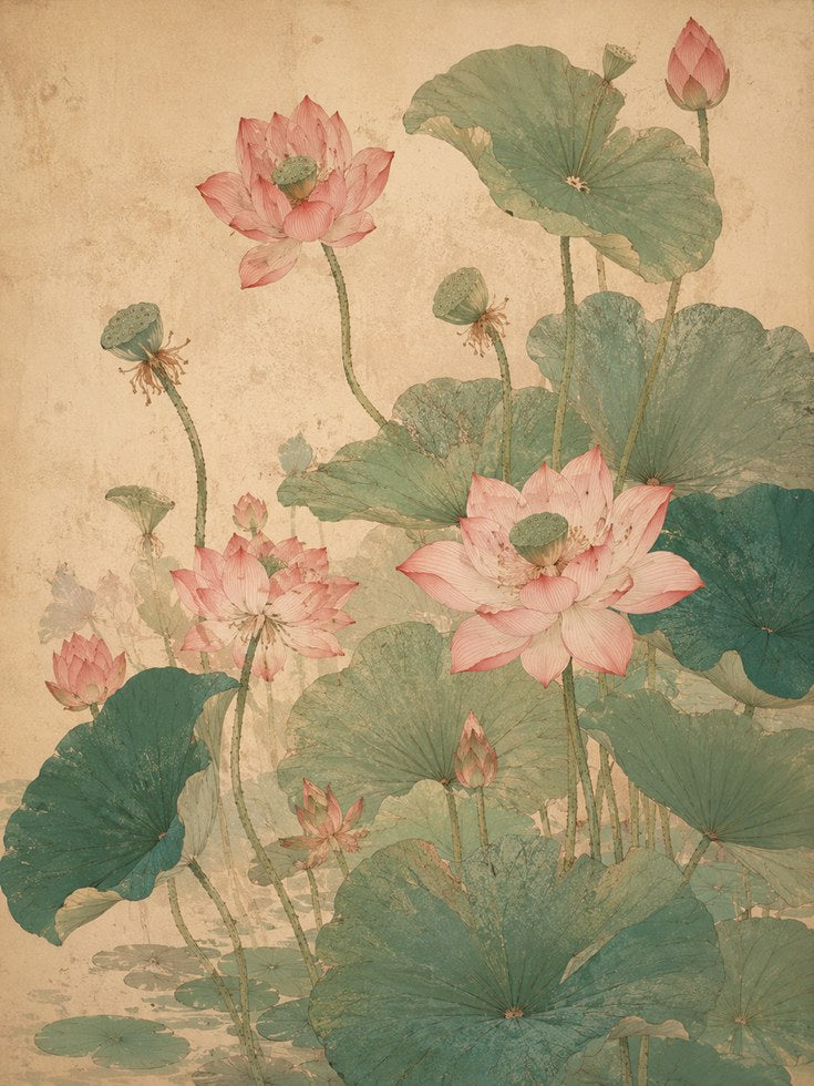 Pink Lotus Flowers Art Print: Vintage Asian Botanical Painting - artwork on paper