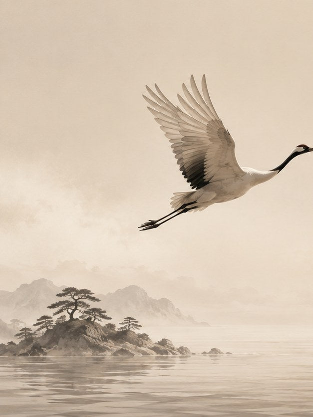 Flying Crane Wall Art: Misty Landscape in Sepia Tones - artwork on paper