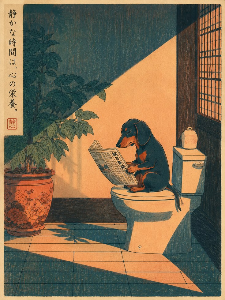 Japanese Dog Wall Art – Bathroom Humor Print - artwork on paper