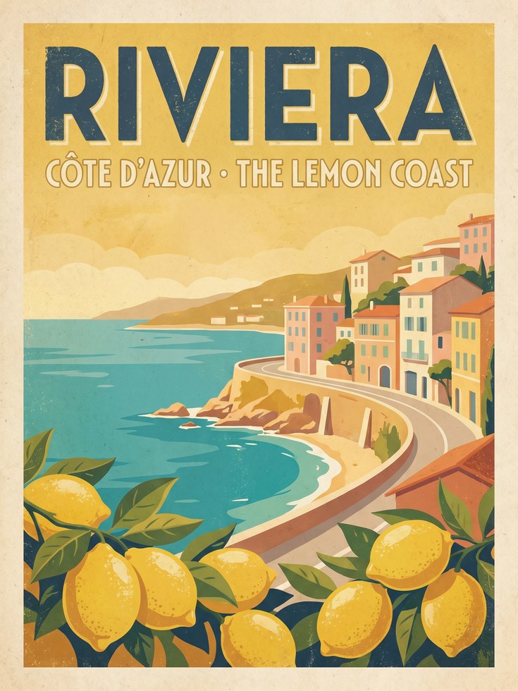 Riviera Travel Poster Print — Vintage Côte d'Azur Lemon Coast - artwork on paper