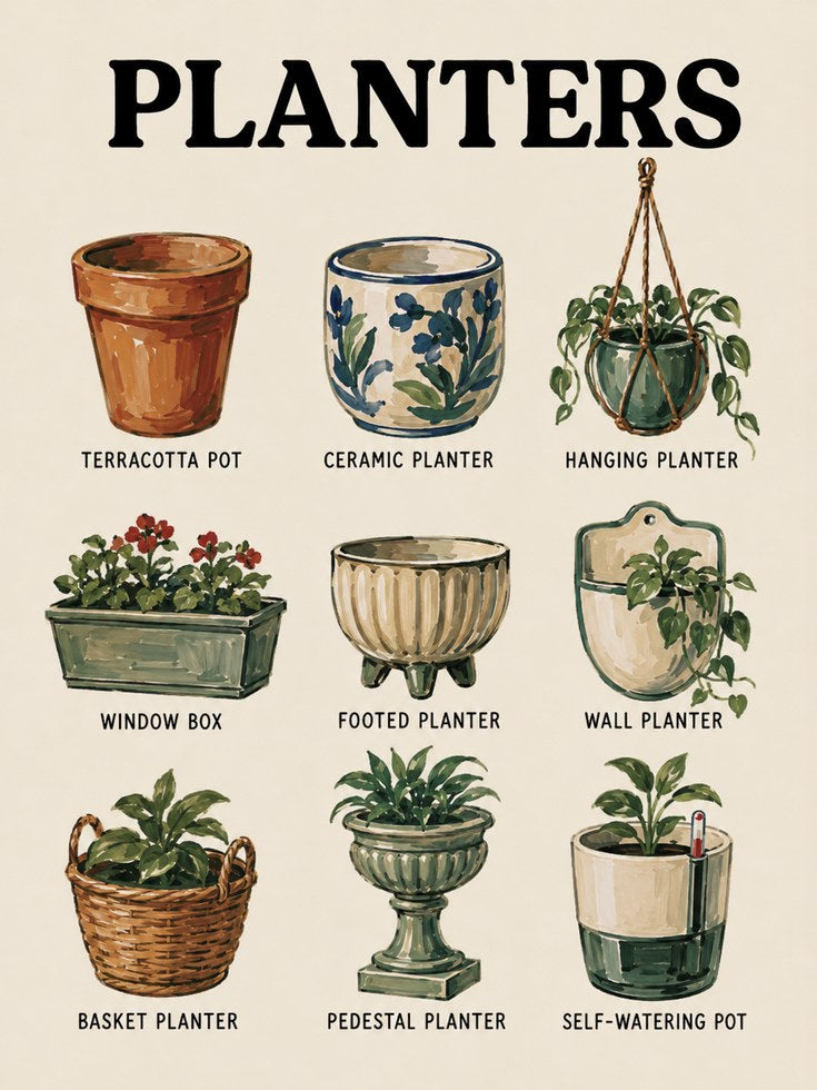 Plant Pots Wall Art – Types of Planters Print - artwork on paper