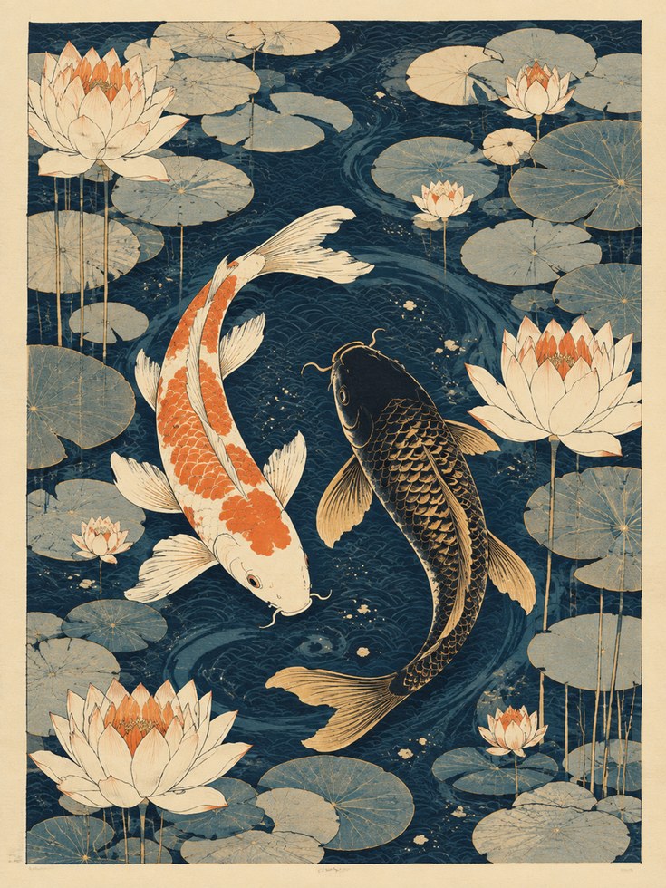Koi Fish Wall Art – Lotus Pond Print - artwork on paper