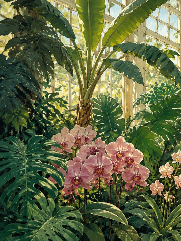 Tropical Greenhouse with Orchids: Botanical Garden Art Print - artwork on paper