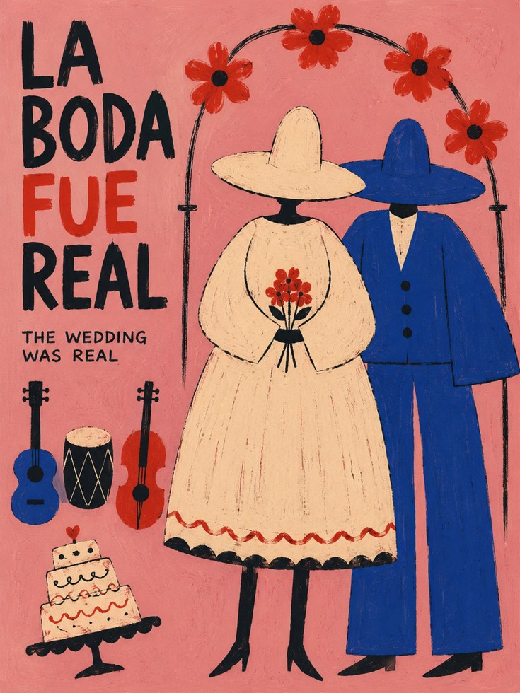 Mexican Wedding Couple Folk Art Print: Pink Celebration Poster - artwork on paper
