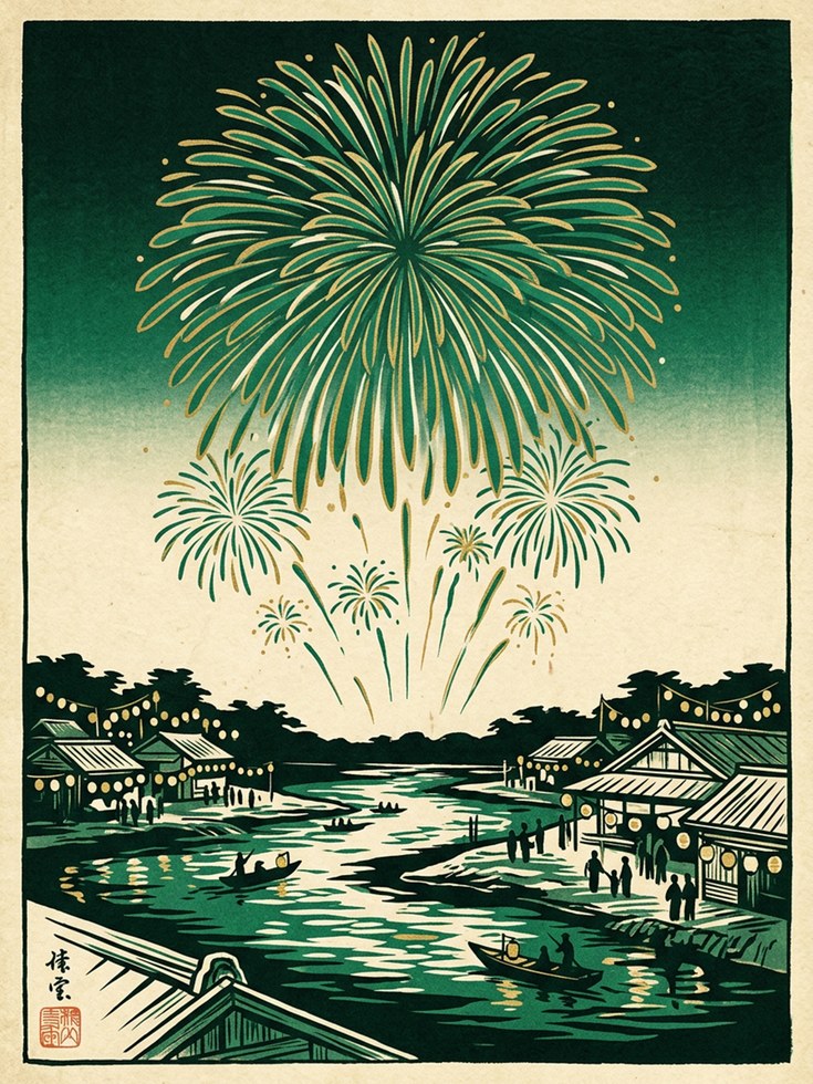 Japanese Fireworks Over River Town: Vintage Woodblock Print - artwork on paper