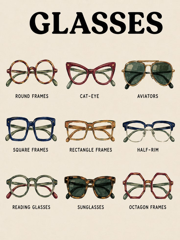 Vintage Glasses Chart Print: Retro Eyewear Style Guide Poster - artwork on paper