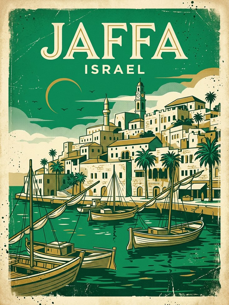 Jaffa Israel Vintage Travel Poster — Retro Mediterranean Coastal Art - artwork on paper