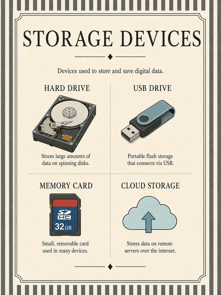 Storage Devices Educational Poster: Vintage Tech Infographic Print - artwork on paper