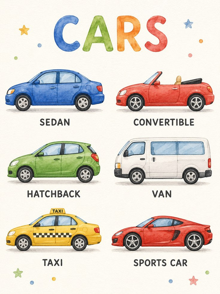 Watercolor Vehicle Chart Poster - artwork on paper