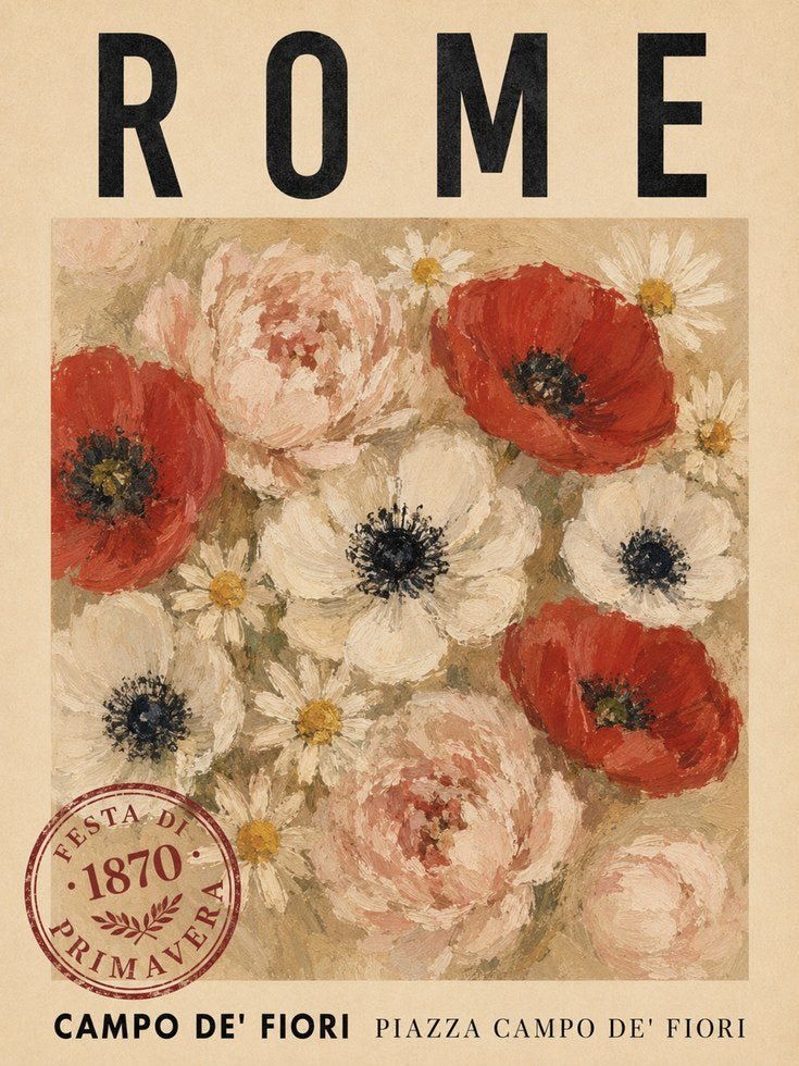 Rome Floral Wall Art: Vintage Poppy and Daisy Botanical Print - artwork on paper