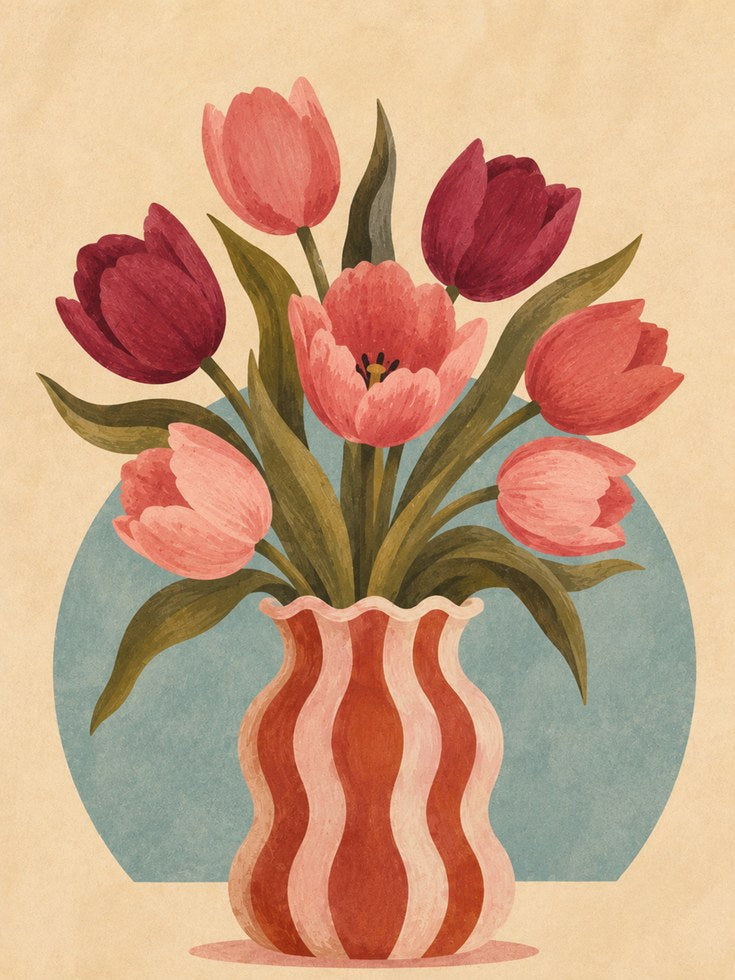 Tulip Vase Wall Art – Retro Floral Print - artwork on paper