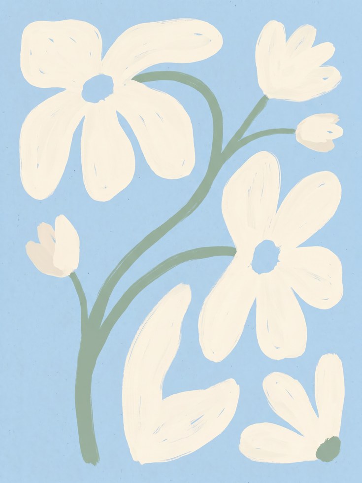 Abstract Flower Art Print: Blue Cream Botanical - artwork on paper