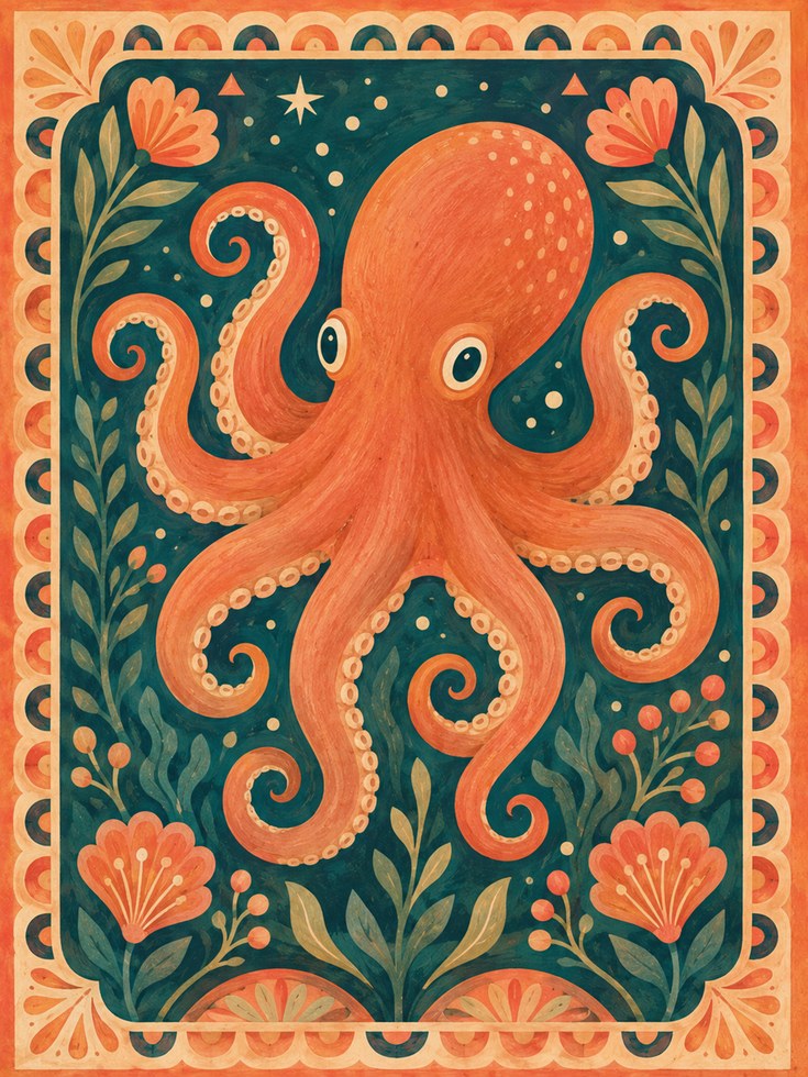 Octopus Wall Art – Vintage Folk Art Print - artwork on paper