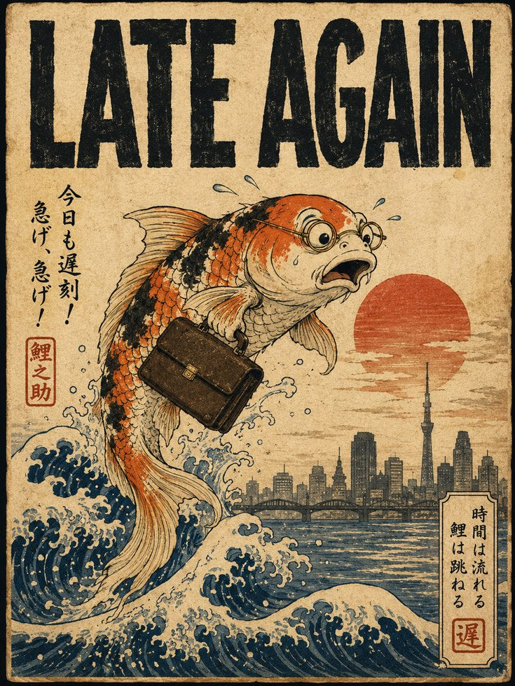 Late Again Koi Fish Print: Japanese Ukiyo-e Office Humor Art - artwork on paper