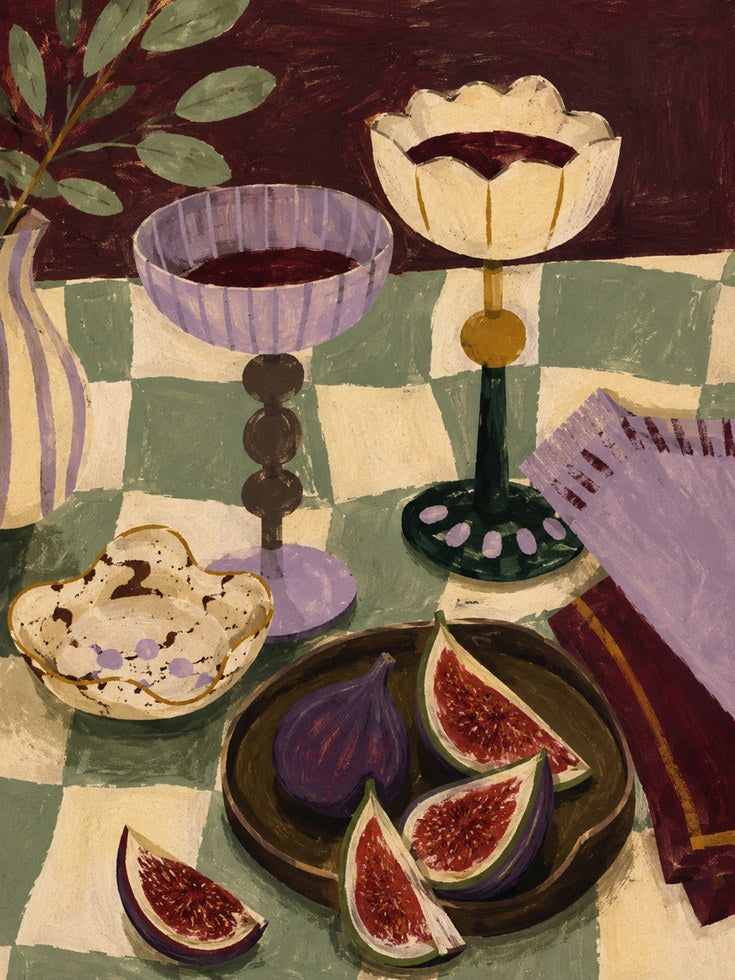 Still Life with Figs and Goblets: Modernist Table Setting Art - artwork on paper