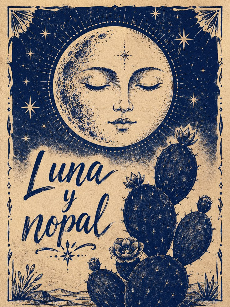 Moon Face and Cactus Wall Art: Celestial Blue Vintage Poster - artwork on paper