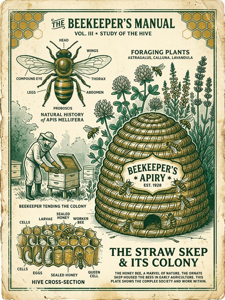 Beekeeper's Manual Poster: Vintage Educational Beekeeping Art - artwork on paper