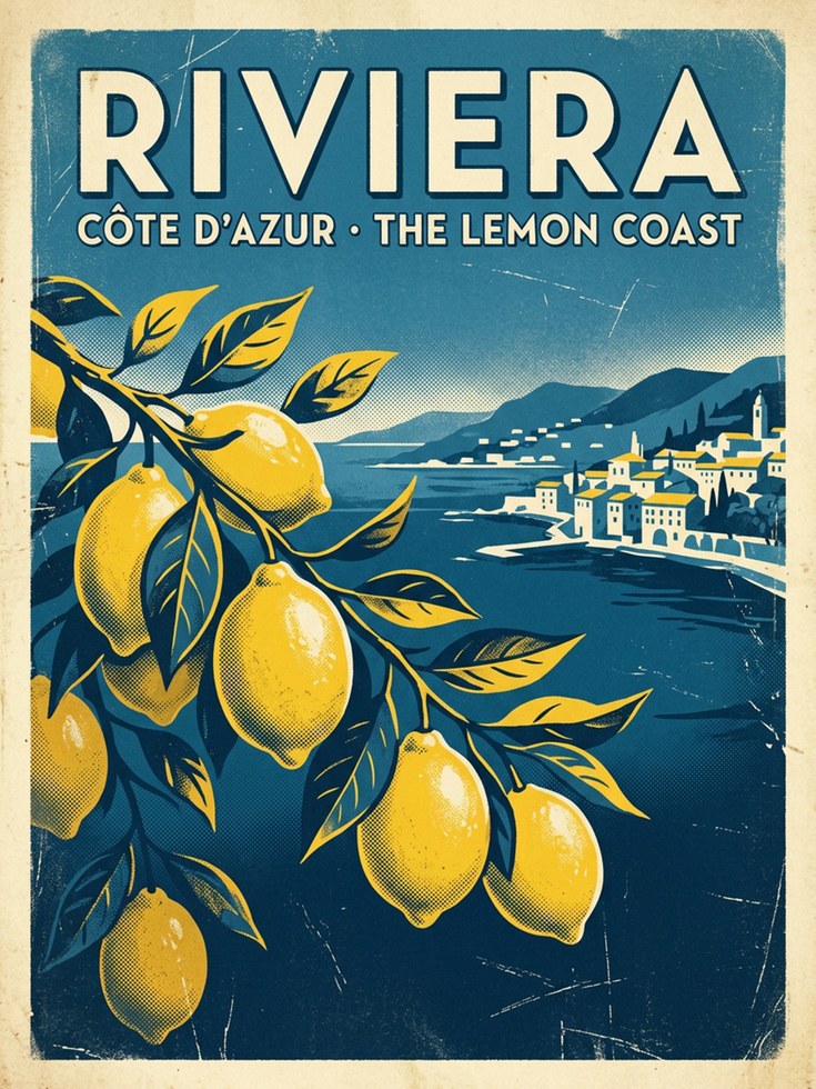 Riviera Travel Poster – French Côte d'Azur Lemon Coast Retro Wall - artwork on paper