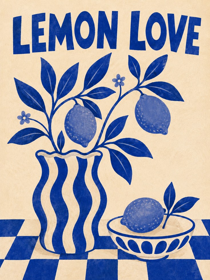 Lemon Love Print: Blue Folk Art Botanical Kitchen Poster - artwork on paper