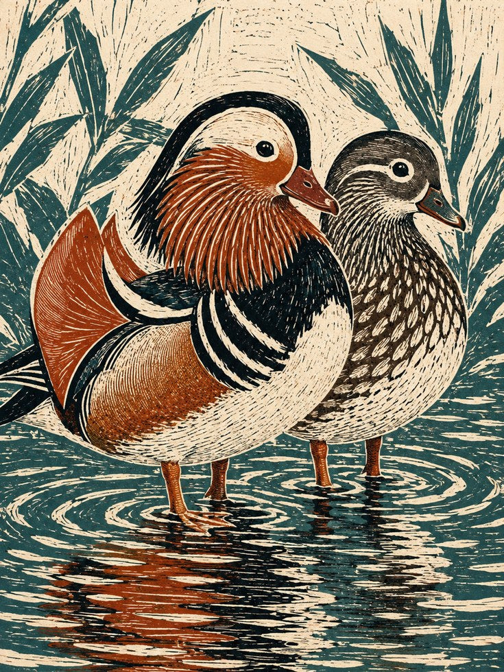 Mandarin Duck Pair Print: Woodblock Style Bird Art - artwork on paper