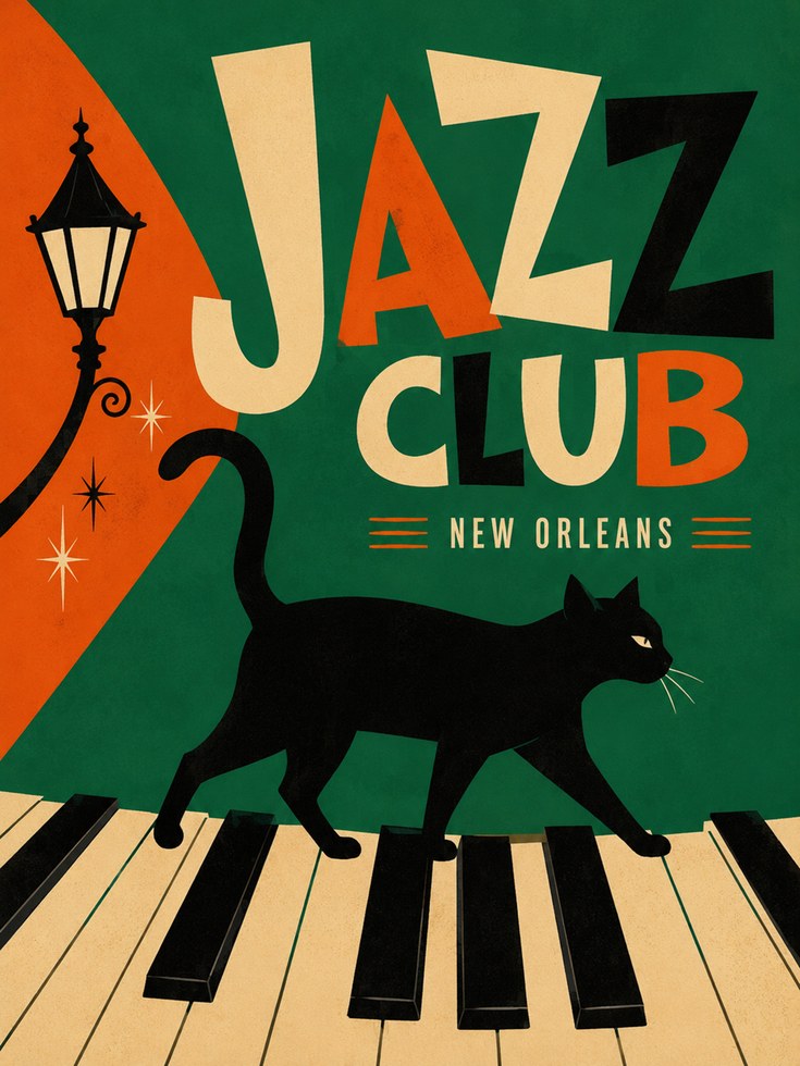 Jazz Club Art Print: Vintage Cat on Piano Keys - artwork on paper