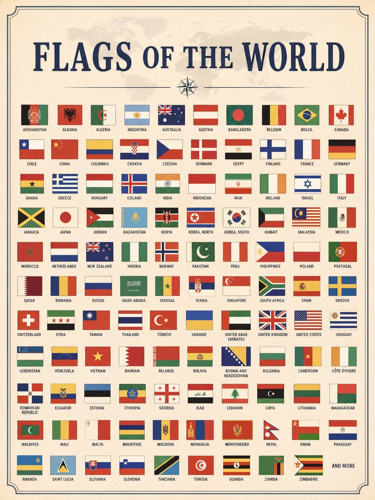 Flags Of The World Educational Poster: Vintage Reference Chart - artwork on paper