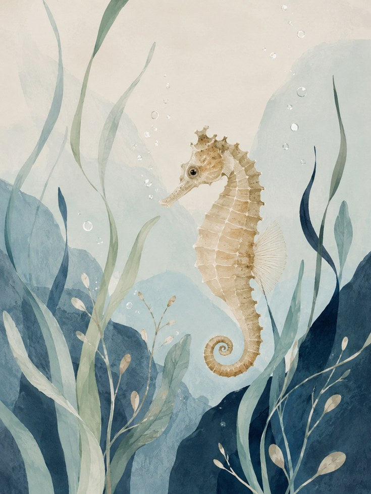Seahorse Wall Art – Coastal Nursery Print - artwork on paper