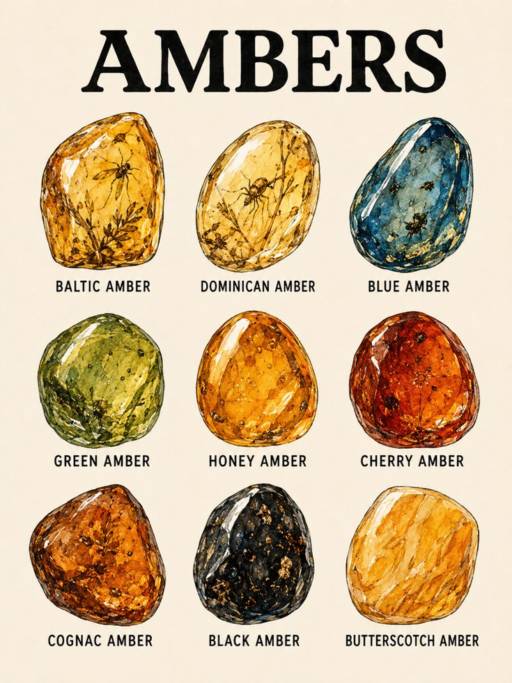 Amber Types Educational Print — Illustrated Gemstone Chart - artwork on paper