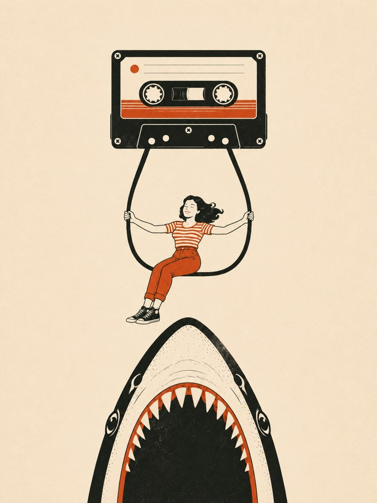 Cassette Tape Shark Illustration: Nostalgic Retro Wall Art - artwork on paper