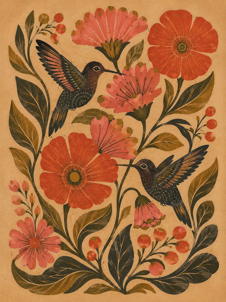 Folk Art Hummingbird Print — Hand-Painted Floral Bird Illustration - artwork on paper