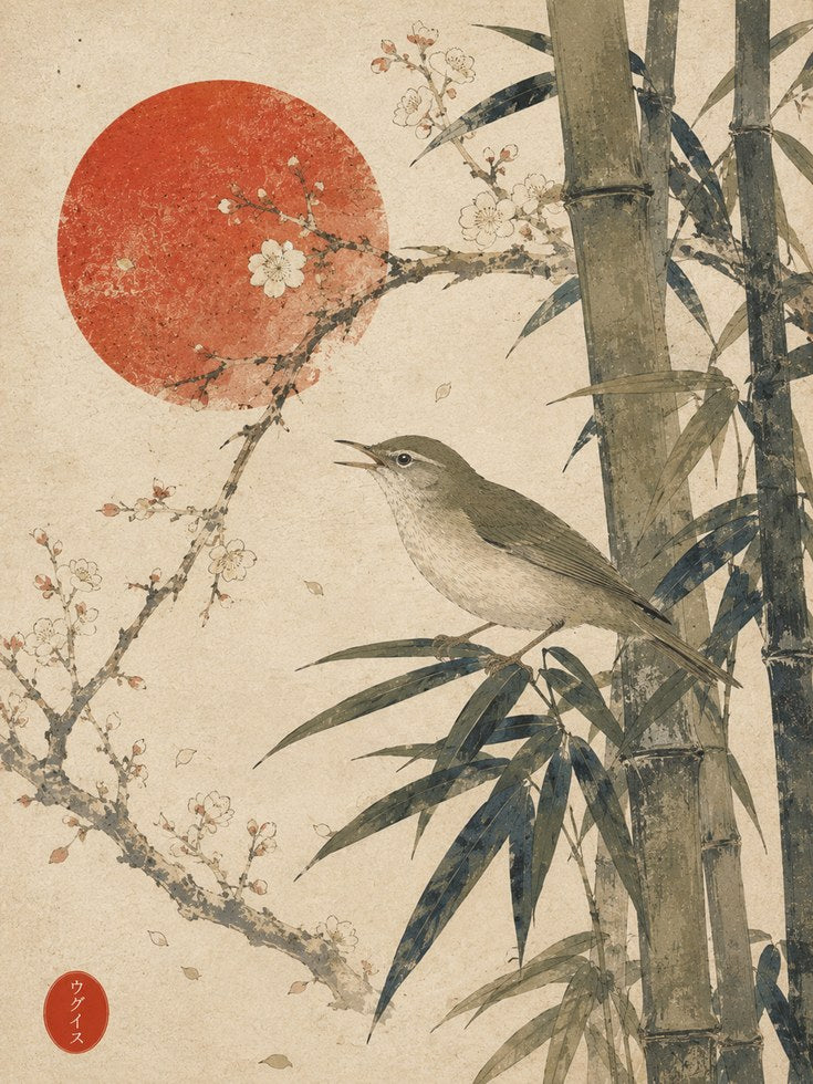 Japanese Bird and Bamboo Print: Vintage Oriental Art with Red Sun - artwork on paper