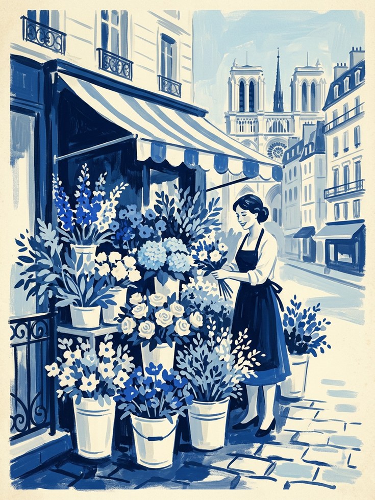Parisian Flower Shop Print — Vintage French Street Scene - artwork on paper