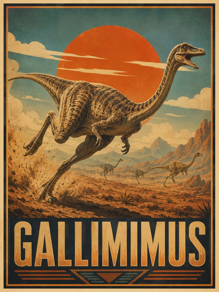 Gallimimus Dinosaur Poster: Vintage Retro Travel Art Print - artwork on paper
