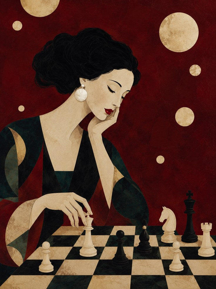 Woman Playing Chess Art – Vintage Portrait Print - artwork on paper