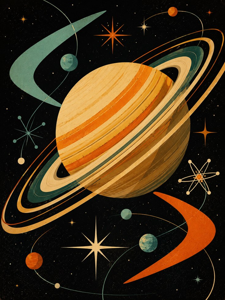 Retro Space Wall Art – Mid Century Planet Print - artwork on paper