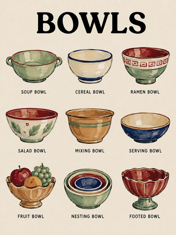 Bowl Types Kitchen Print - artwork on paper