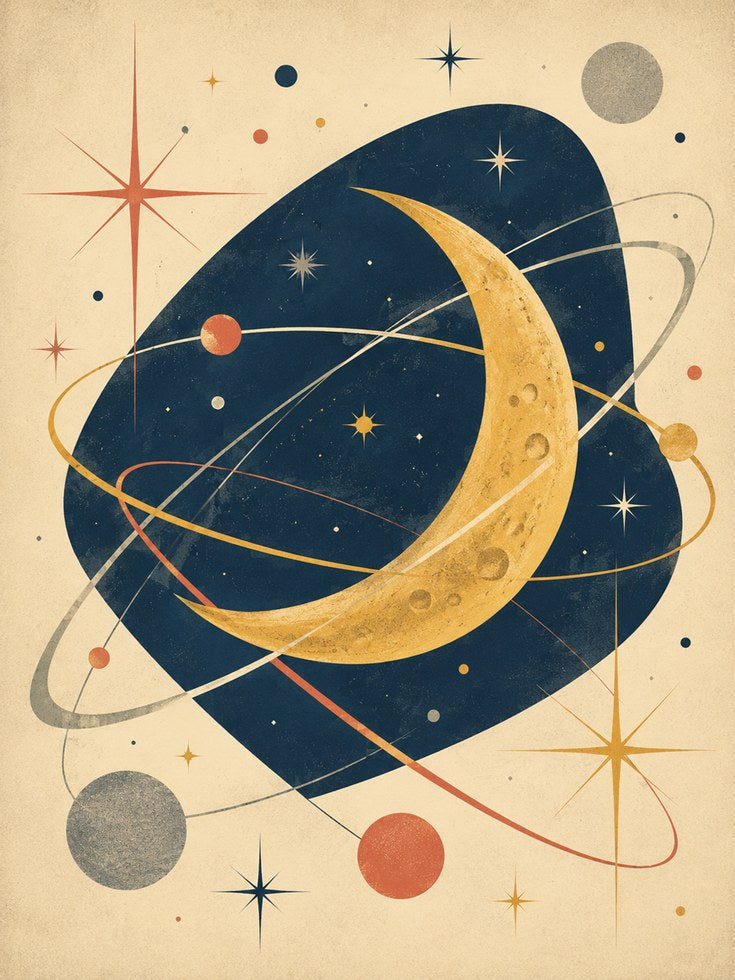 Mid-Century Moon and Planets Art Print: Retro Space Orbits - artwork on paper