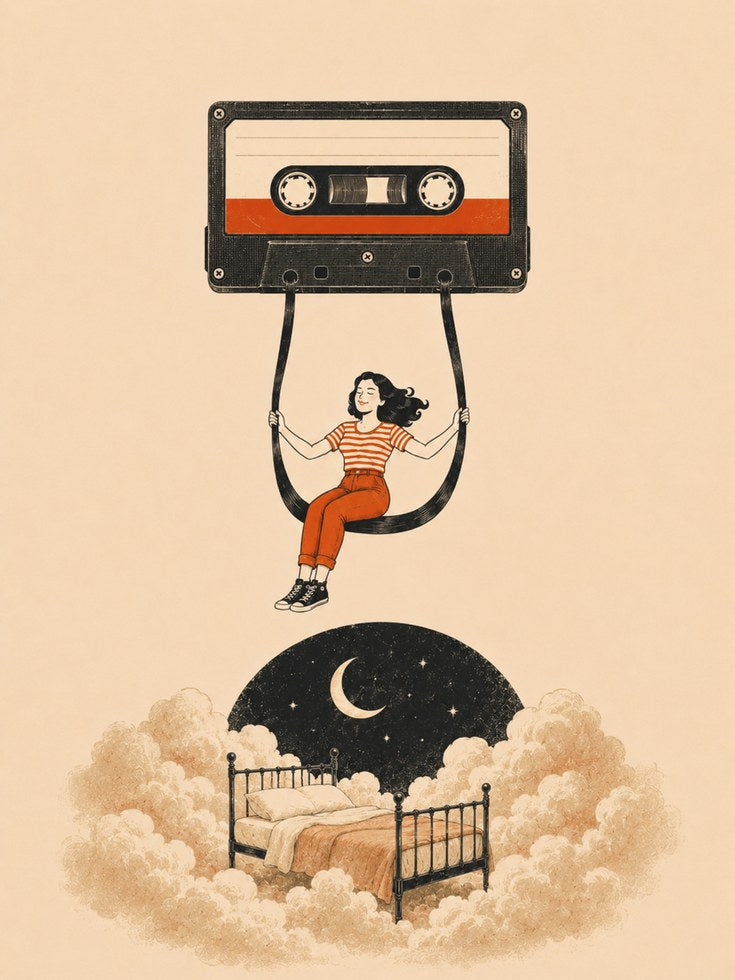 Retro Cassette Tape Dream Art Print: Surrealist Bedroom Clouds - artwork on paper