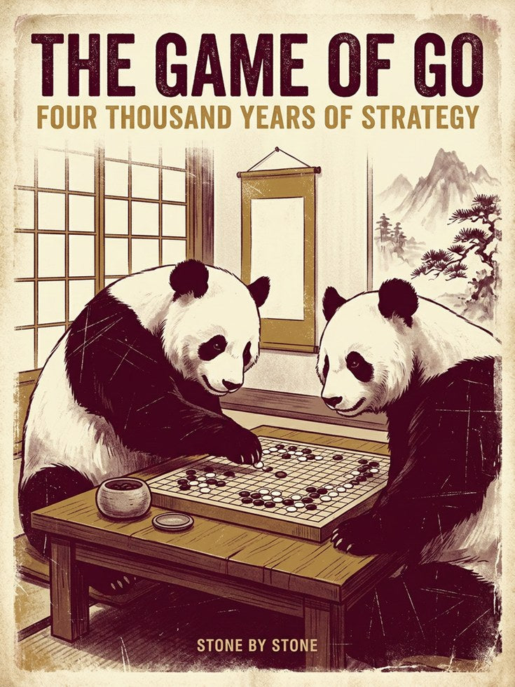 Pandas Playing Go Board Game Poster: Vintage Japanese Style Art - artwork on paper