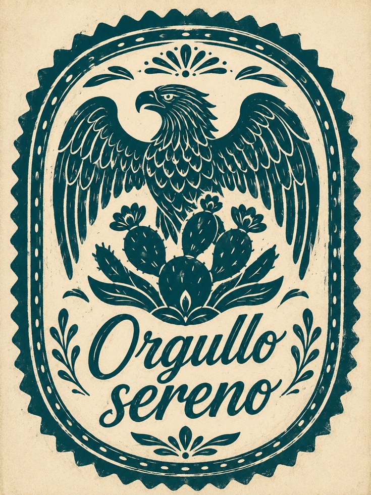 Mexican Eagle And Cactus Art Print: Teal Folk Art Design - artwork on paper