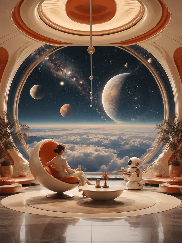 Cosmic Observatory Wall Art: Retro Futurism Space Interior - artwork on paper