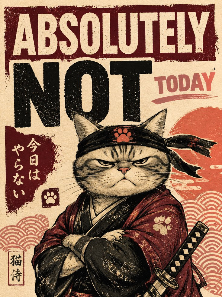 Absolutely Not Today Samurai Cat: Japanese Retro Poster Art - artwork on paper