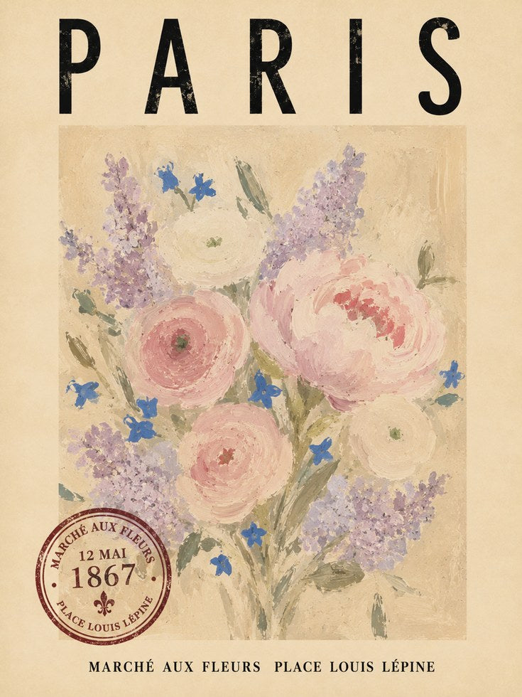 Paris Travel Poster – Vintage Floral Market Print - artwork on paper