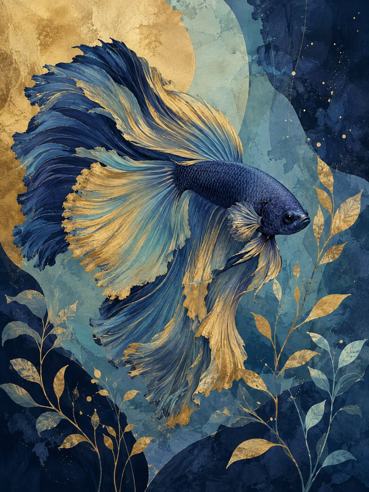 Betta Fish Wall Art – Blue Gold Ocean Print - artwork on paper