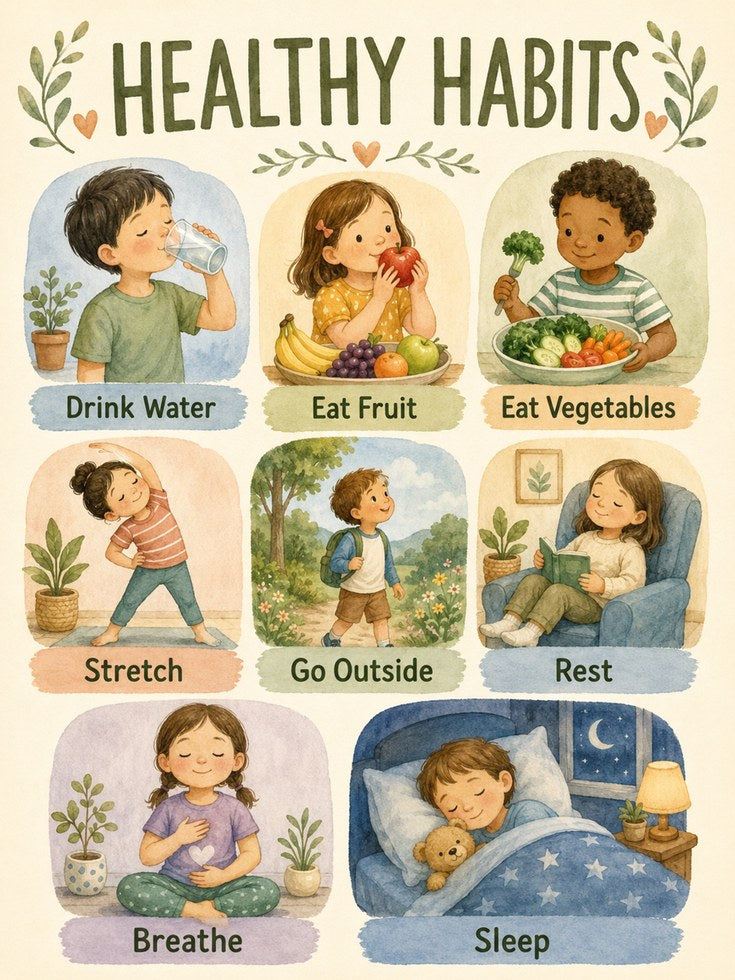 Healthy Habits Kids Print: Educational Chart for Playroom Decor - artwork on paper